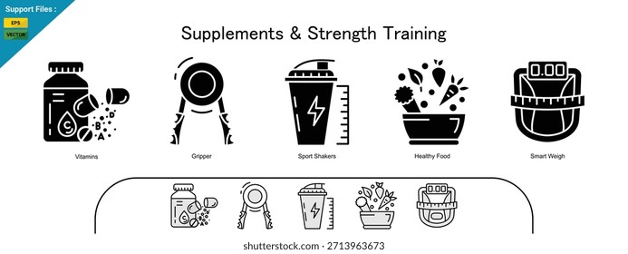 Suplementos de entrenamiento de fuerza: nutrición y acondicionamiento físico optimizados para el máximo rendimiento. Iconos blancos, grises y de glifos