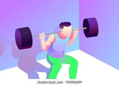 Strength training. Vector illustration of a man lifting weights to practice his strength, doing regular exercise for his body.