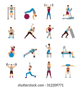 Strength training workout set with flat male and female sporty figures isolated vector illustration