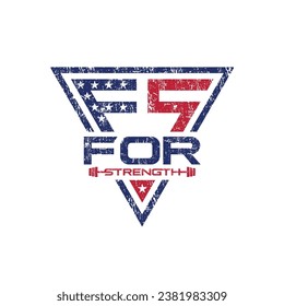 for strength and triangle FS in grunge or sport fitness center typographic vintage grunge poster, emblem, logo design with barbell and kettlebell. Retro vector illustration.