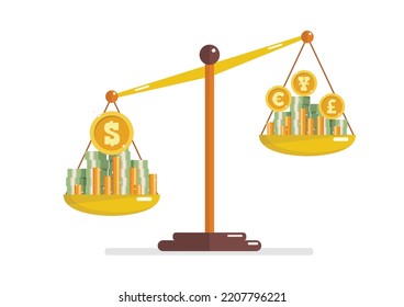 Strength Of US Dollar Compare With Another Currency On Balance Scale. Business Exchange Concept. Vector Illustration