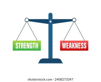 Strength Versus Weakness Scales Concept, Vector Illustration of Balanced Weights for Strategy and Self-Analysis in Personal Development