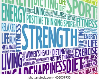 Strength word cloud background, health concept