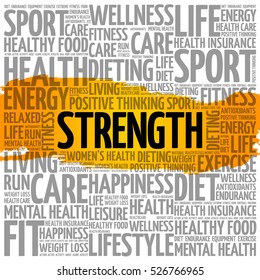 Strength word cloud collage, health concept background