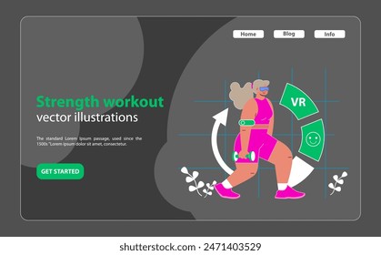 Entrenamiento de fuerza en VR. Ejercicio de resistencia dinámica con coaching virtual. Potencie su régimen de acondicionamiento físico con tecnología. Mejora los entrenamientos en casa con gráficos envolventes. Ilustración vectorial plana.