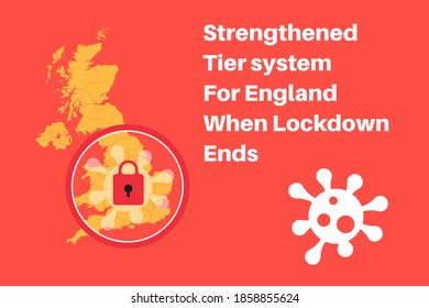 Strengthed tier system for England when lockdown ends vector Infographic on an orange background.