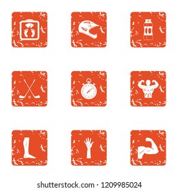Strengthen body icons set. Grunge set of 9 strengthen body vector icons for web isolated on white background