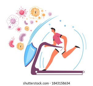 Strengthen immune system by training and doing exercises. Protecting organism from harmful bacteria and disease, healthy lifestyle and keeping fit. Character running in gym, vector in flat style