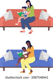 Strengthen maternal bond semi flat color vector characters set. Full body people on white. Reading book together isolated modern cartoon style illustrations collection for graphic design and animation