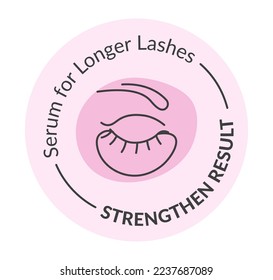 Reforzar el resultado del uso del suero para latigazos más largos. Procedimientos cosméticos y productos para belleza, tratamiento estético. Etiqueta o emblema para paquete, banner o logotipo. Vector de estilo plano
