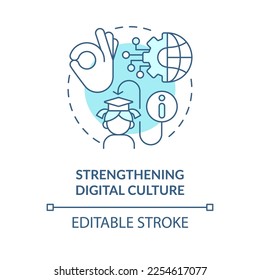 Strengthening digital culture turquoise concept icon. ICT benefit in education abstract idea thin line illustration. Isolated outline drawing. Editable stroke. Arial, Myriad Pro-Bold fonts used