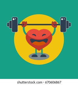 Strengthening heart muscle. Healthy way of life. Heart raises  bar. Vector graphic design