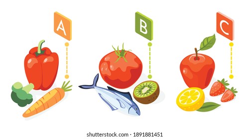 Strengthening immunity isometric colored background with vitamins found in certain fruits and vegetables vector illustration