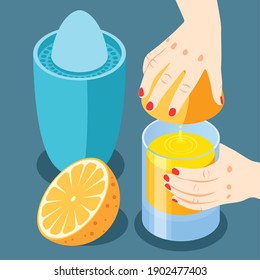 Strengthening immunity isometric and colored background with squeezing orange juice for drinking vector illustration