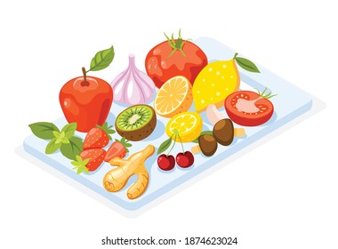 Strengthening immunity isometric composition with fresh vegetables and fruits garlic and ginger vector illustration