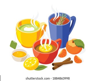 Strengthening immunity isometric composition tea with spices citruses and green tea vector illustration