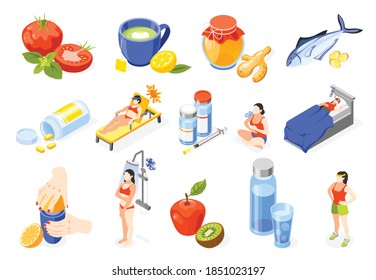 Strengthening immunity isometric icon set life with sports healthy food vitamins medicines vector illustration