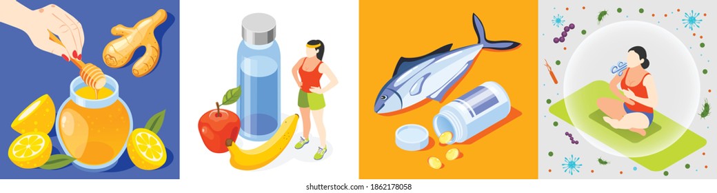 Strengthening immunity isometric icon set with honey and citruses sport and healthy food fish and vitamins yoga and correct breathing vector illustration