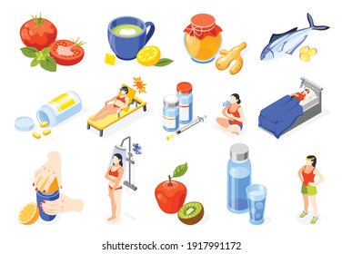 Strengthening immunity isometric icon set life with sports healthy food vitamins medicines vector illustration