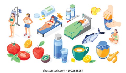 Strengthening immunity isometric recolor icon set with hardening proper nutrition taking vitamins sports and increasing immunity vector illustration