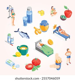 Strengthening immunity isometric recolor icon set with hardening proper nutrition taking vitamins sports and increasing immunity vector illustration