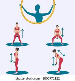 Strengthening the muscles of female hands - a set of exercises - vector. Body care concept.