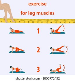 Strengthening the muscles of the legs - a set of exercises, measuring tape, female images - vector. Body care concept.