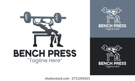 Um logotipo de prensa de bancada focado na força projetado para ginásios, programas de musculação e marcas de treinamento atlético.