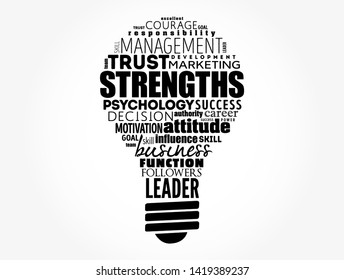 Strengths light bulb word cloud collage, business concept background