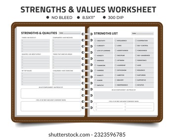 Strengths and Values Printable Worksheets Therapy, Mental Health, School Counselor Aid, Journal Logbook, Notebook Kdp Interior Design