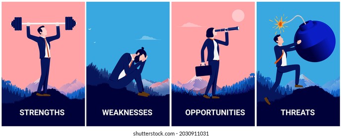 Strengths, weaknesses, opportunities and threats vector illustrations - Collection of business characters doing metaphors for business SWOT