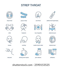 Strep Throat symptoms, diagnostic and treatment vector icon set. Medical icons.