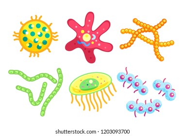 Streptococci and staphylococcus, spirillae and star-shaped flat bacteria types isolated. Little dangerous germ variety cartoon vector illustrations