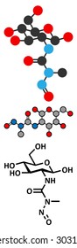 Streptozotocin cancer drug molecule. Used in treatment of metastatic cancer of the pancreatic islet cells. Conventional skeletal formula and stylized representations.
