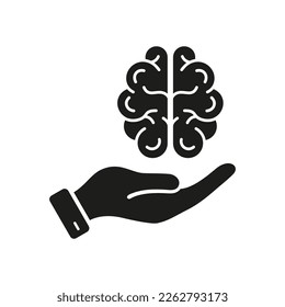 Estrés, Ansiedad, Bipolaridad, Problema de depresión Icono de Silueta. Concepto de Psicología, Pictograma de Ayuda Mental del Psiquiatra. Cerebro humano en la vista superior con icono de glifo manual. Ilustración de vectores aislados.