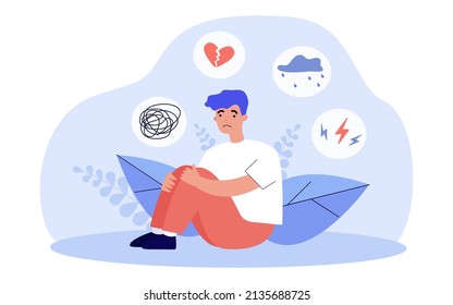 Stress, anxiety, confusion in head of man. Lost person sitting alone and suffering from problems flat vector illustration. Mental disorder concept for banner, website design or landing web page