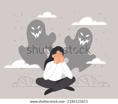 Stress and anxiety. Girl covers face with hands, imagining ghosts behind her back. Phobias and fears, psychological problems, depression. Victim of abuse and bullying. Cartoon flat vector illustration