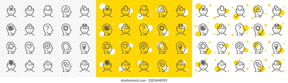 Stress anxiety, headache pill and person therapy set. Mental health line icons. Bipolar disorder, cognitive trouble and depression line icons. Society fear, mental care, stress treatment. Vector