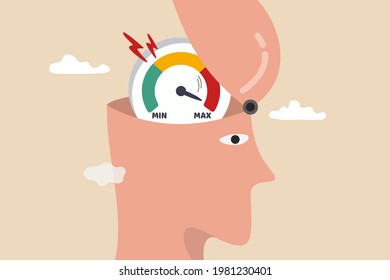 Stress and anxiety level, exhausted and fatigue from work causing depressed and mental illness concept, human head open to see stress level or tired meter rising and reaching maximum in his brain.