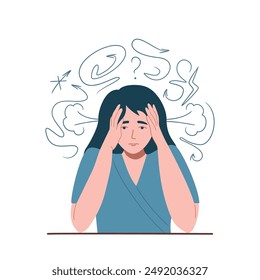 Stress, Anxiety, Mental disorder, Confusion, Depression concept. Frustrated young woman touch head surrounded by think. Mind Health Problem, Mental Disease. Isolated flat vector illustration