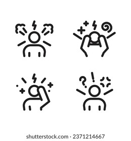 Stress, anxiety, negative thinking icon, angry and bad mood, Frustration, burnout, furious, annoyed man, and stress symptom icon set