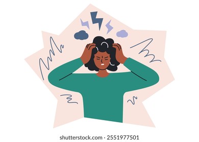 Stress and anxiety vector illustration in flat cartoon style. Frustrated woman holding her head, tension and headache. Perfect for concepts of mental health, emotions, and lifestyle