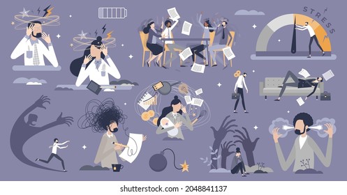 Stress, Anxiety And Work Overload Mini Scenes In Tiny Person Collection Set. Mental Disorder And Brain Problems As Clinical Depression, Tiredness And Fear Frustration Symptoms Vector Illustration.