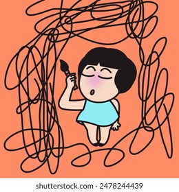 Stress Anxiety Young Woman Using Paintbrush To Manage Her Feelings Concept Card Character illustration