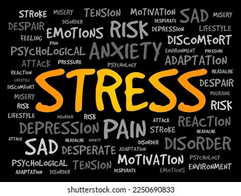 Stress - any type of change that causes physical, emotional or psychological strain, word cloud concept background