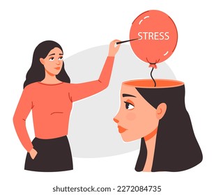 Stress Awareness. A young woman bursts a stress bubble in her head. Stress management, depression. Mental health. Flat vector illustration.