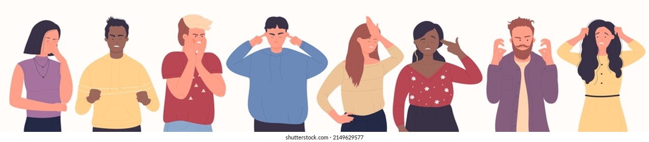 Stress and bad emotions of unhappy adult people vector illustration. Cartoon man and woman arguing, frustrated guy covering ears and head with arms, sad annoyed girl with headache isolated on white