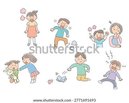 Children’s stress and behavior problems illustration set, vector