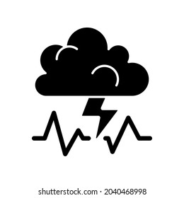 Stress black glyph icon. Concept of bad mood, depression, anxiety. Thunderstorm, cloud with lightning. Bad weather. Causes of insomnia. Silhouette symbol on white space. Vector isolated illustration