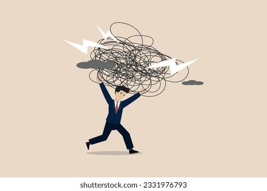 Stress burden, anxiety from difficulties and workload, problems in economic crisis or pressure from too much responsibility concept. Businessman illustration.